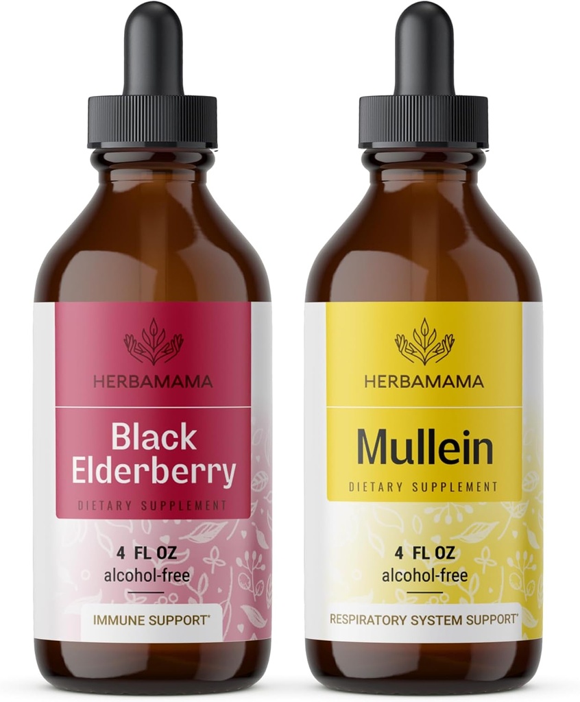 HERBAMAMA Zeliščne tekoče kapljice Kit - paket izvlečka črnega jagodičja in Mullein Leaf Tinkture 4 fl oz - Vegan, Non-GMO, Sugar & Alkohol-free - 2 paket