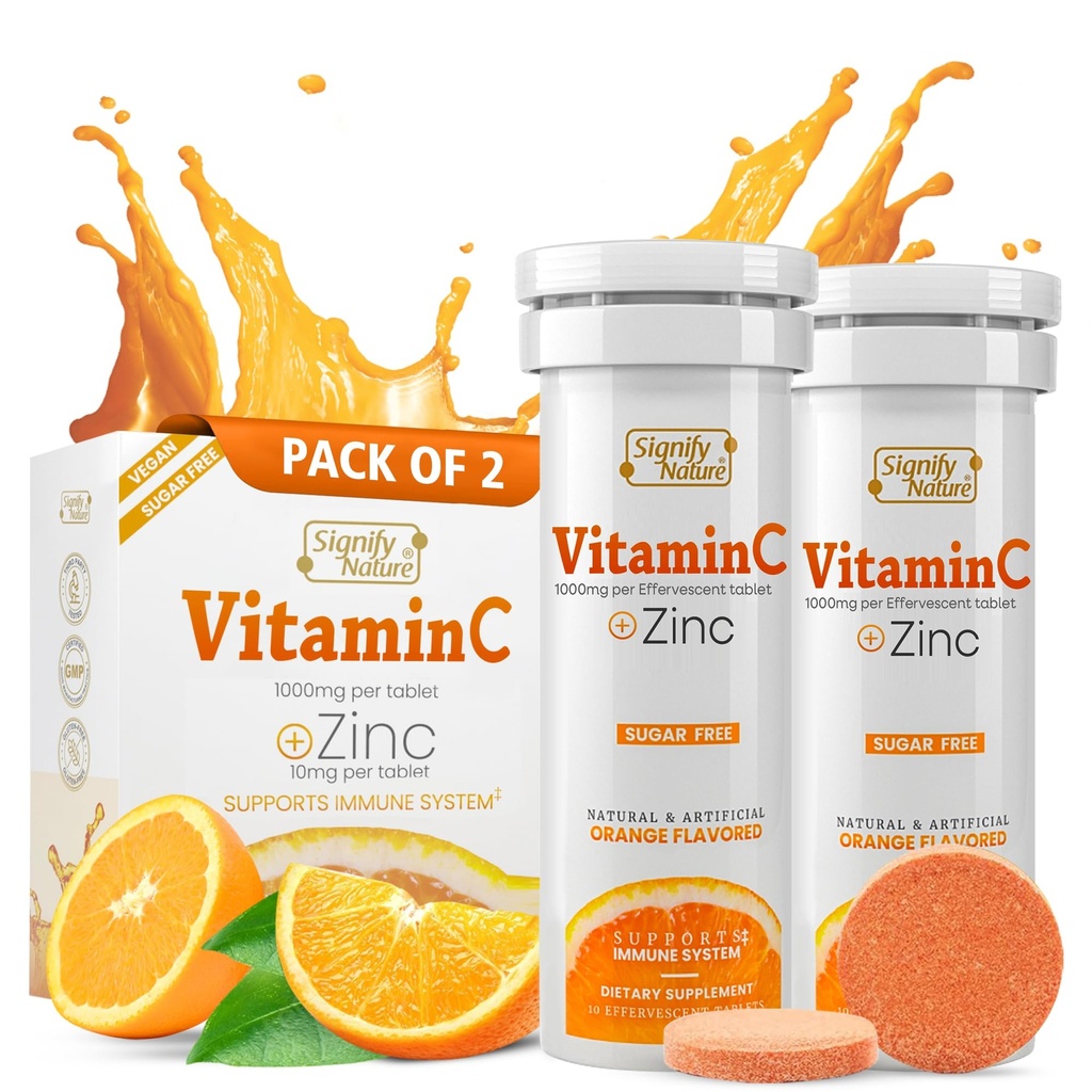 SIGNIFY NATURE Vitamin C 1000mg šumeče tablete - Močna Imunska podpora VIT C z cinkovim dodatkom - Sugar-free & Vegan Formula 