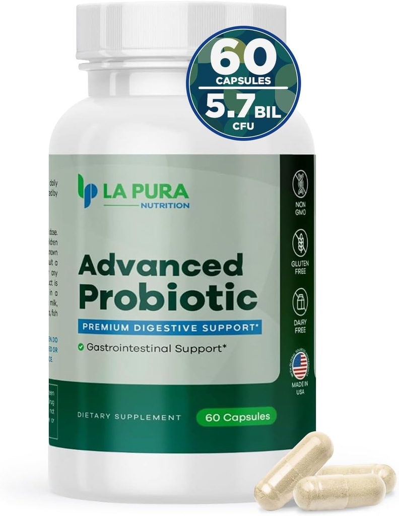 LaPura Advanced Probiotic - Premium Digestive Support for Gut & Imune Health, 60 kapsul - 5,75 milijard CFU probiotiki Vključno z DE111 sevom (Bacillus subtilis) - Ne-GMO, Gluten-free, Made in USA
