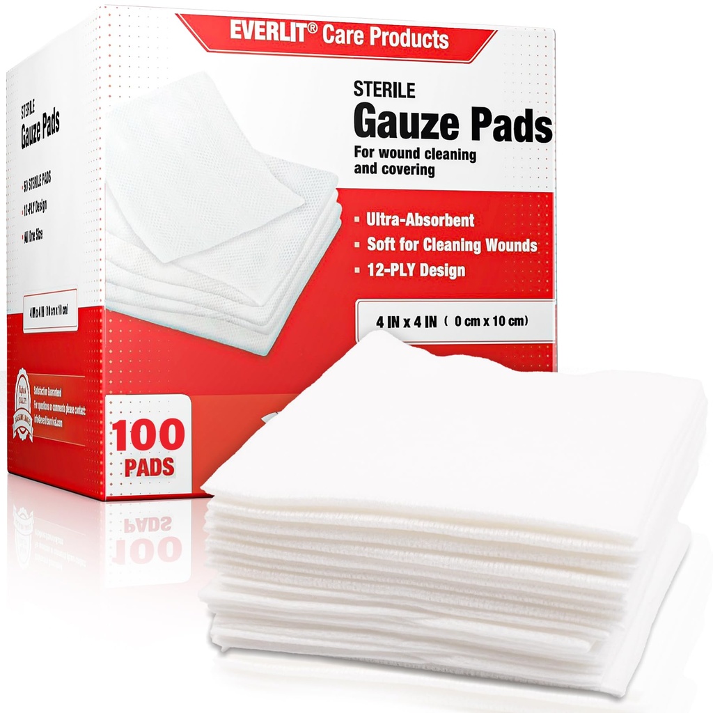 EVERLIT [Extra-Thick] 4'x4' Sterilna Gaza Pad 12-Ply, 100 Pack, individualno zaviti, Ultra Absorbent velike ne-Woven Medical Gaze Sponge za nego ran Domov Prva pomoč Kit