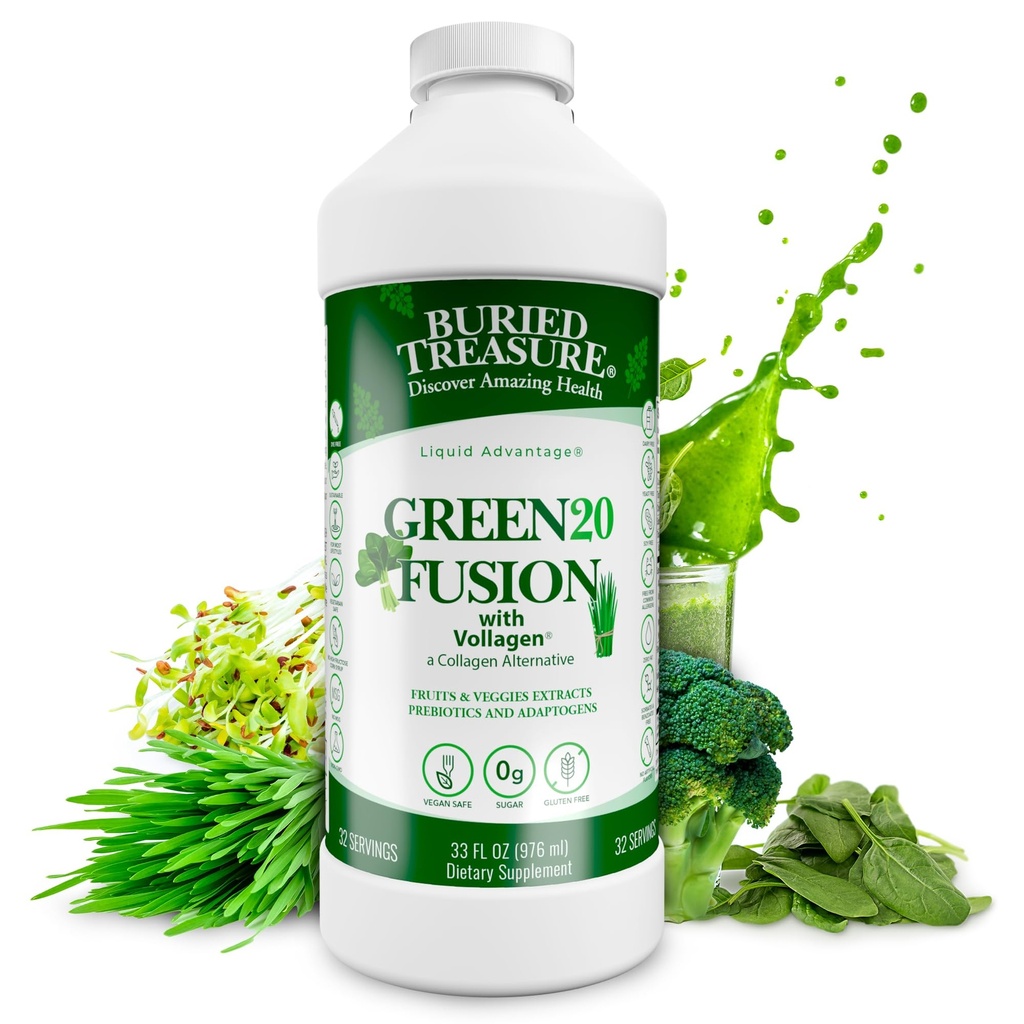 Pokopan zaklad Green20 Fusion – Super živilska mešanica z vollagenom za kožo, lase, in skupno podporo, na bazi rastlin, Vegan, Ne-GMO Gluten-free, Dairy-free, Soy-free, 32oz tekočine