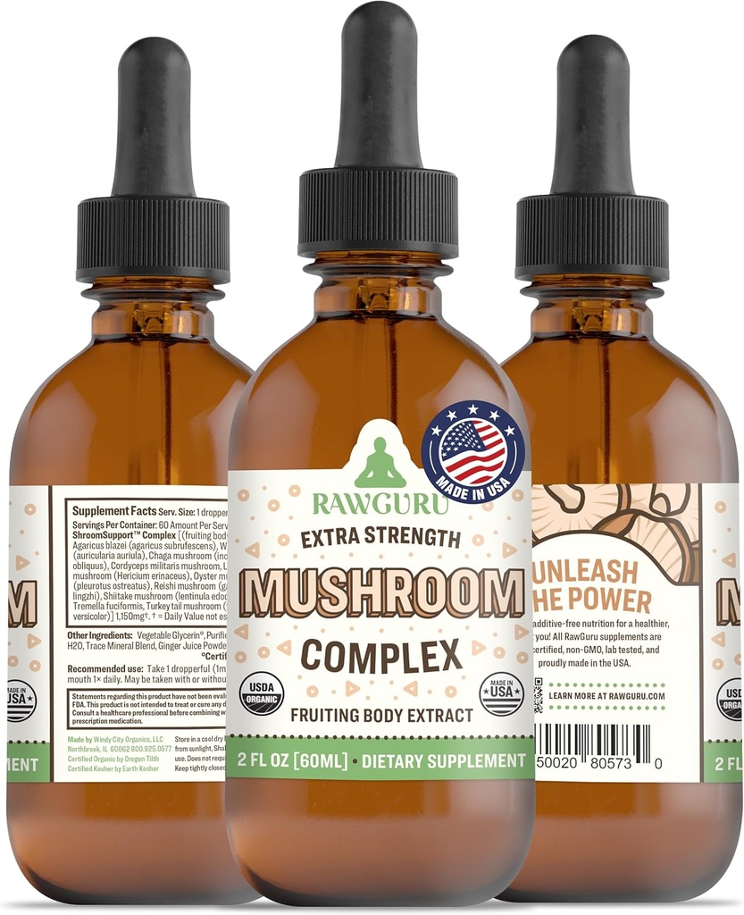 RawGuru Kompleks organskih gob Tinktura - Ekstrakt organskih gob z minerali Trace - Nano-procesirana Kognitivna in Imunska podpora dodatek - 60 Serving of Vegan kapljice na 60 ml, Pakiranje 1