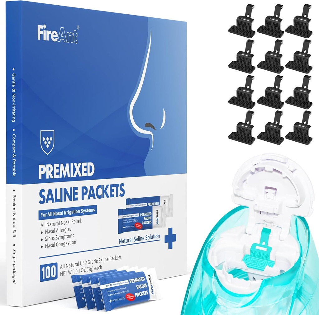 FireAnt 100 Saline Packets in 12 Ponovna uporaba Saline Pods Ponovno polnjenje Set, Združljiv z Navage Nazal Care - Vključuje 100 Count Salt Packets Sinus Rinse + 12 Pack Silicijeve soli Pads ponovno polnjenje v črni