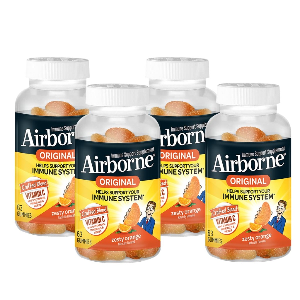 Airborne Immune Support Gummies, Zesty Orange Flavor, 63 ct - 750 mg Vitamin C + Vitamins A, D & E + Zinc, Selenium, and Manganese | with Herbal Blend | Naturally Flavored (4 Pack)