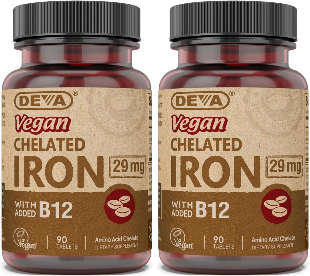 DeVA Nutrition Vegan Chellied Iron 29 mg Ojačan z B-12 - visoko jakostjo, enostavno požiranje - 90 tablet, 2- Pack