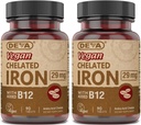 DeVA Nutrition Vegan Chellied Iron 29 mg Ojačan z B-12 - visoko jakostjo, enostavno požiranje - 90 tablet, 2- Pack