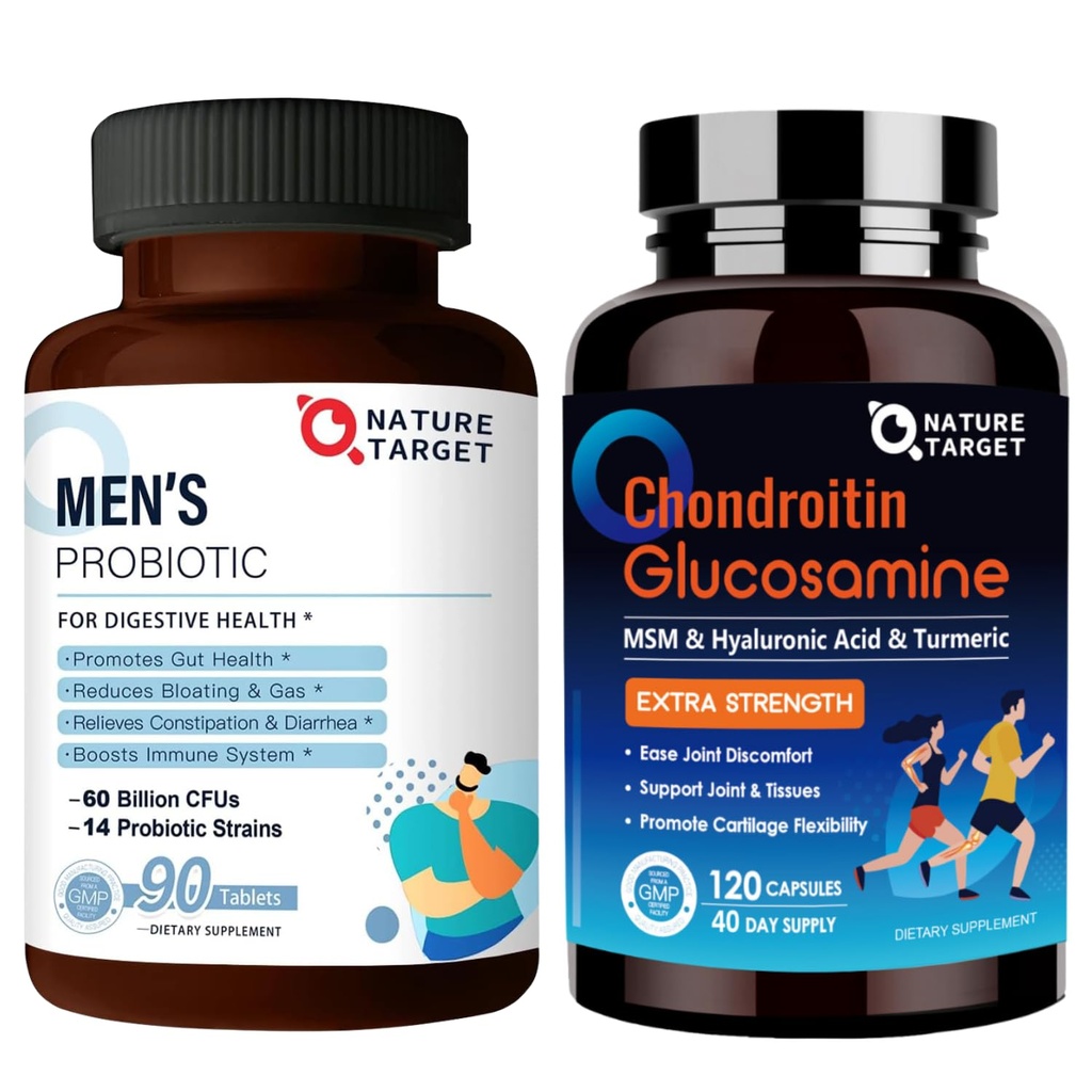 NATURE TARGET Probiotiki za moške z nego, Glukozamin Chondroitin MSM, Skupna podpora dodatek, Shellfish Free