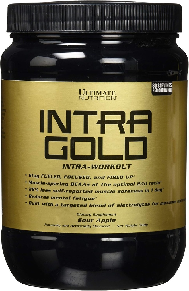 Ultimate Nutrition Intra Gold Workout Energy Supplement - mešanica elektrolitov s karnitinom, Ornitine, in Aspartate, 30 Servings, Sour Apple