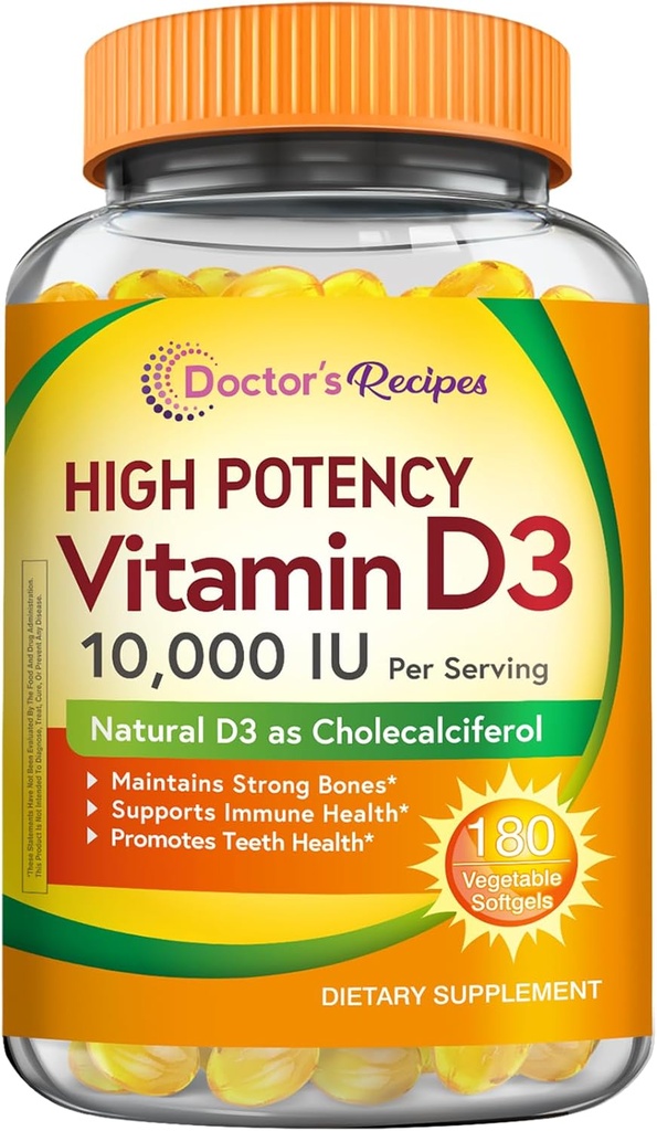 Zdravnikovi recepti Vitamin D3 10000 IU, Kosti, Zobje, in imunske podpore, Non-GMO, No želatina, Gluten ali soja, 90 dni dobave, 180 vegetarijanski mehkih gelov