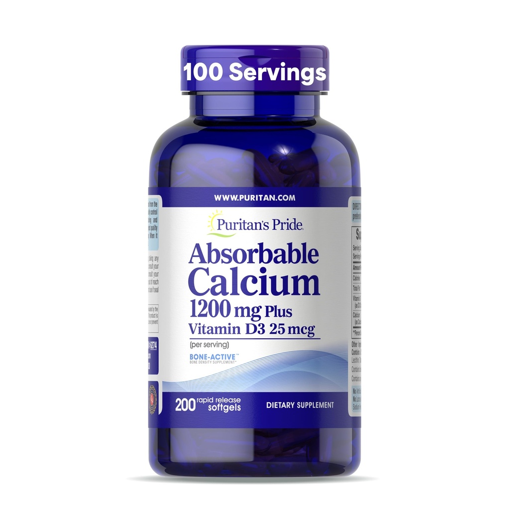 Puritan's Pride absorbtivni kalcij 1200 mg Plus vitamin D3 25mcg 1000 i.e. z delovanjem na kosti TM, 200 kapsul za hitro sproščanje