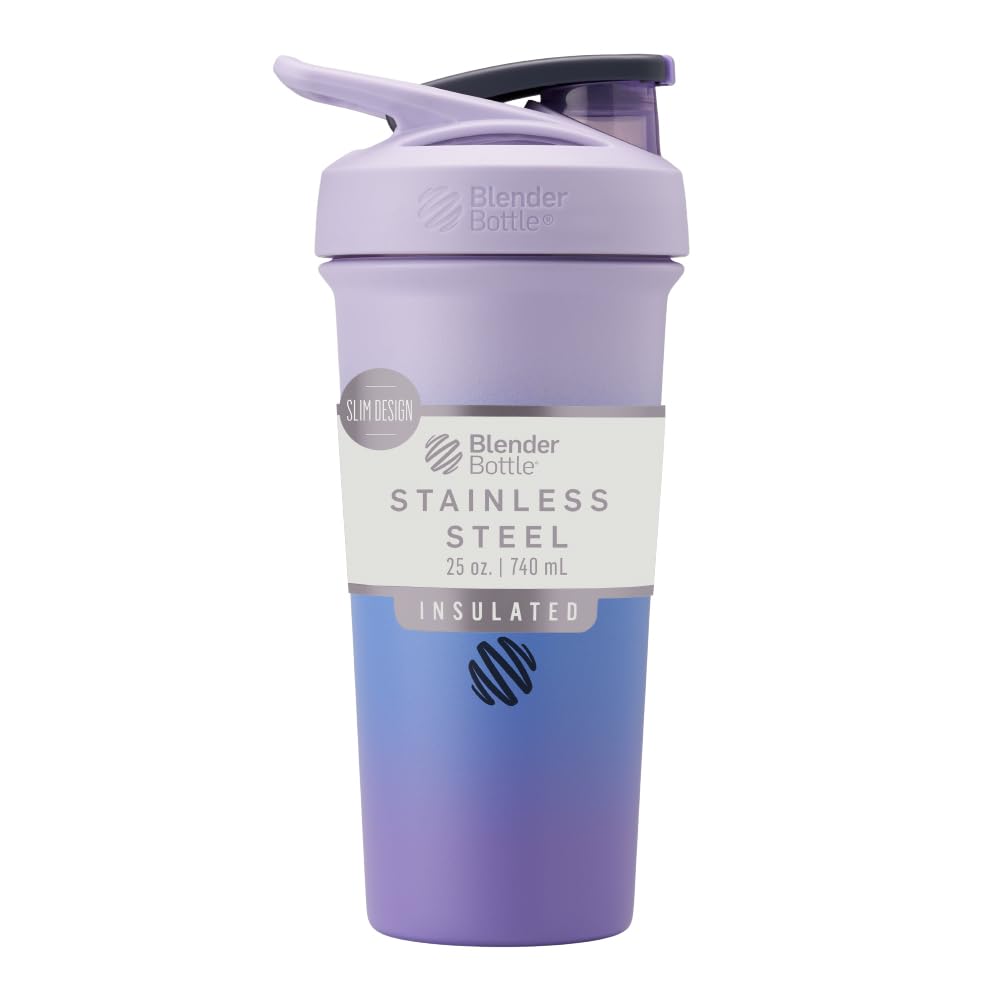 BlenderBottle Sport Sleek Insulated Stainless Shaker Steklenica z žico Whisk, 25-Ounce, Lavender Ombre – Beljakovine Shake & Hidracija za športnike & Fitness navdušenci, enostavno mešanje, Slim Easy to Hold, ohranja pijače hladno, Zaklenjeno Lid