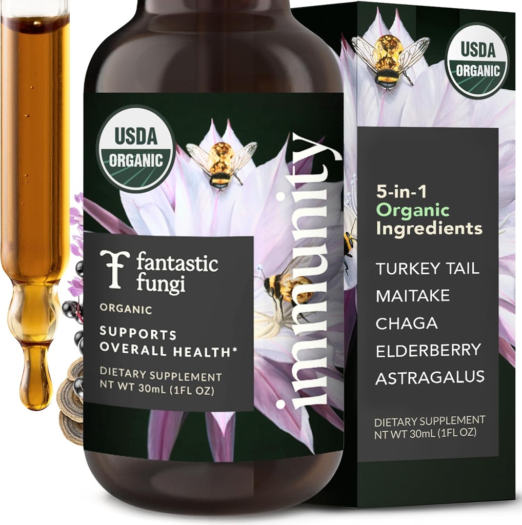 Izvlečki iz glive fantastic - eliksir imunitete s puranom izvleček gob iz repa, maitake, bezgove jagode, Chaga & Astragalus - 5-v-1 Organska imuno-podporna podpora, 30 strežnikov, 1 fl oz