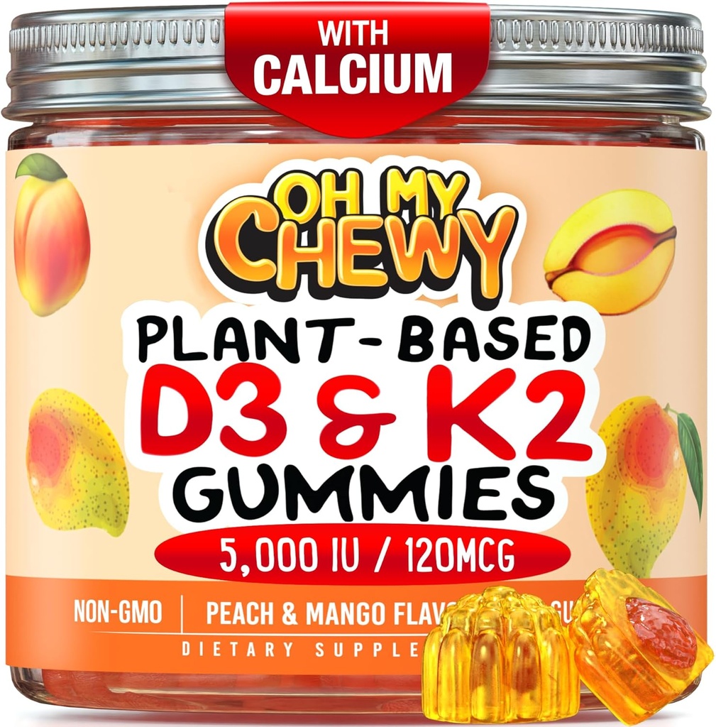 Vitamin D3 K2 Gummies - otroci, najstniki in odrasli - dodatek za zdrave zobe, kosti, energijo in imuniteto - 5000 i.e. D3, 120 μg K2(MK-7), 120 mg kalcija - Vegan & Non-GMO - 120 Count