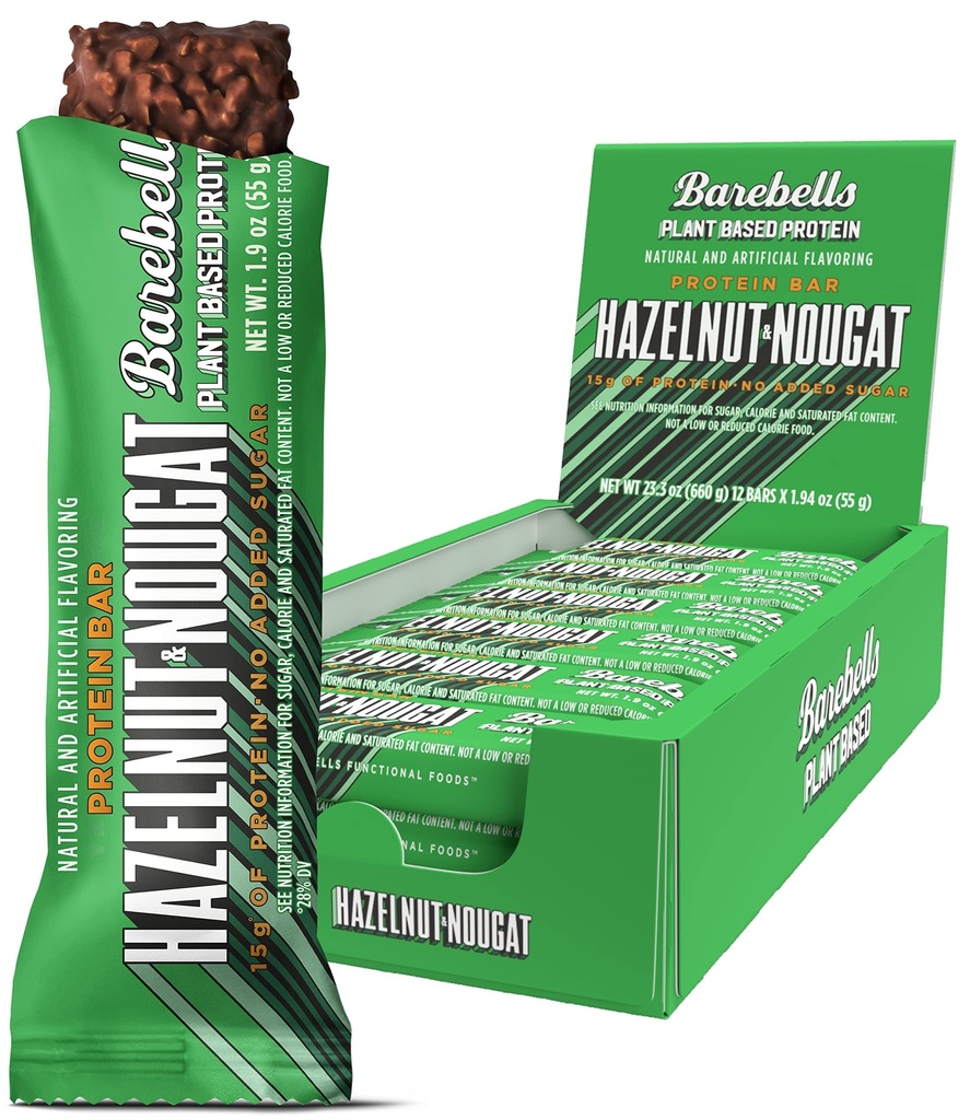 Barebells Vegan Protein Bars Hazelnut & Nougat - 12 Count, 1,9oz Bars - Lastnosti Rastlinska osnova Protein Bar s 15g beljakovin - Čokoladne beljakovine Prigrizki s samo 1 g skupnih sladkorjev - Idealno za
