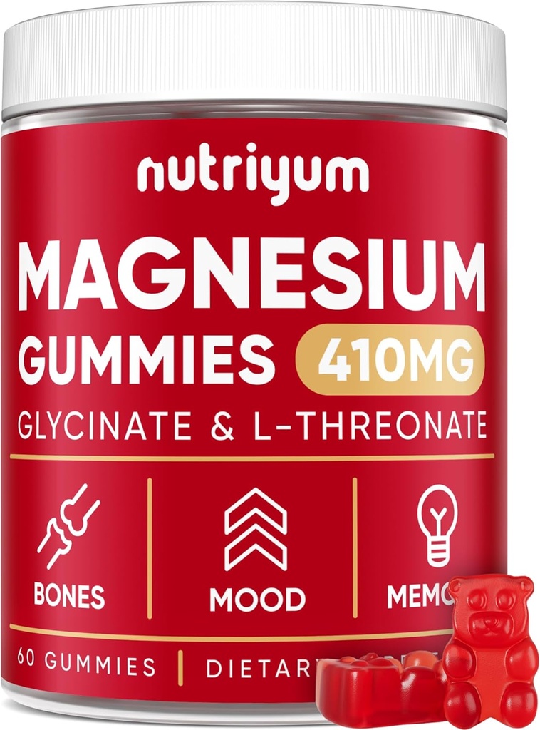 Magnezij Glycinate Gumies za odrasle in otroke - 410mg Elemental Magnezijev L-treonat Žvečilni izdelki za kosti in spomin podporo, miren Mood - 2 Mesec dobava Magnezij Gumies dopolnilni kompleks - 60 kosov