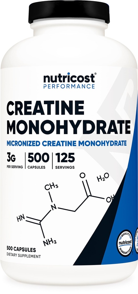 Nutricost Mikroniziran kreatin monohidrat 3000 mg 500 kapsul, 125 serviranja, 750 mg kreatin monohidrata na kapsulo