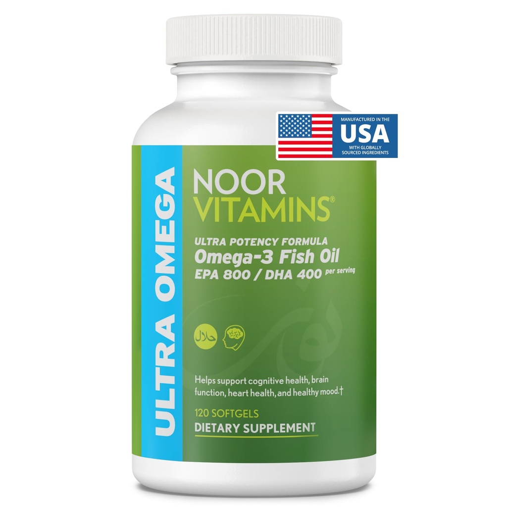 Noor Vitamini Halal ribje olje, Halal Vitamini, Ultra Omega 3 Wild Peruvian Fish (800 mg EPA & 400 mg DHA) Srce, Brain & Joint Podpora, Non-GMO in Gluten prost (120 Število)