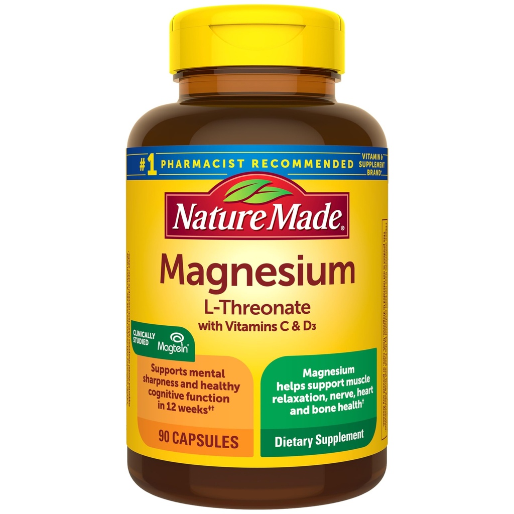 Narava Magnezijev L-treonat z vitaminom C in vitaminom D3, zagotavlja 130 mg Mag iz 1800 mg Magnezijev L Treonat, Kognitivna podpora Magnezijev dodatek, 90 Kapsule, 30 dan dobave