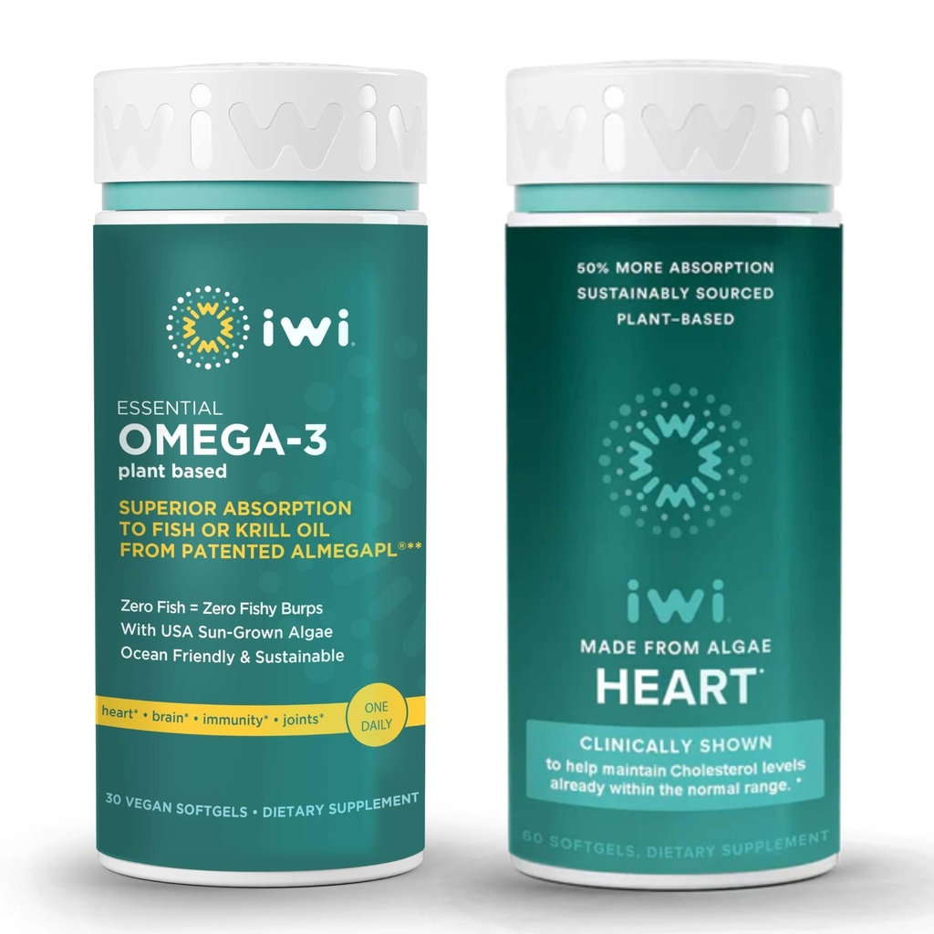 Iwi Omega-3 Essential & Heart Omega-3 Bundle, 30 Servings, Veganska rastlinska osnova Algae Omega 3, Krill & Fish Oil Alternative, Brez ribjega pookusa