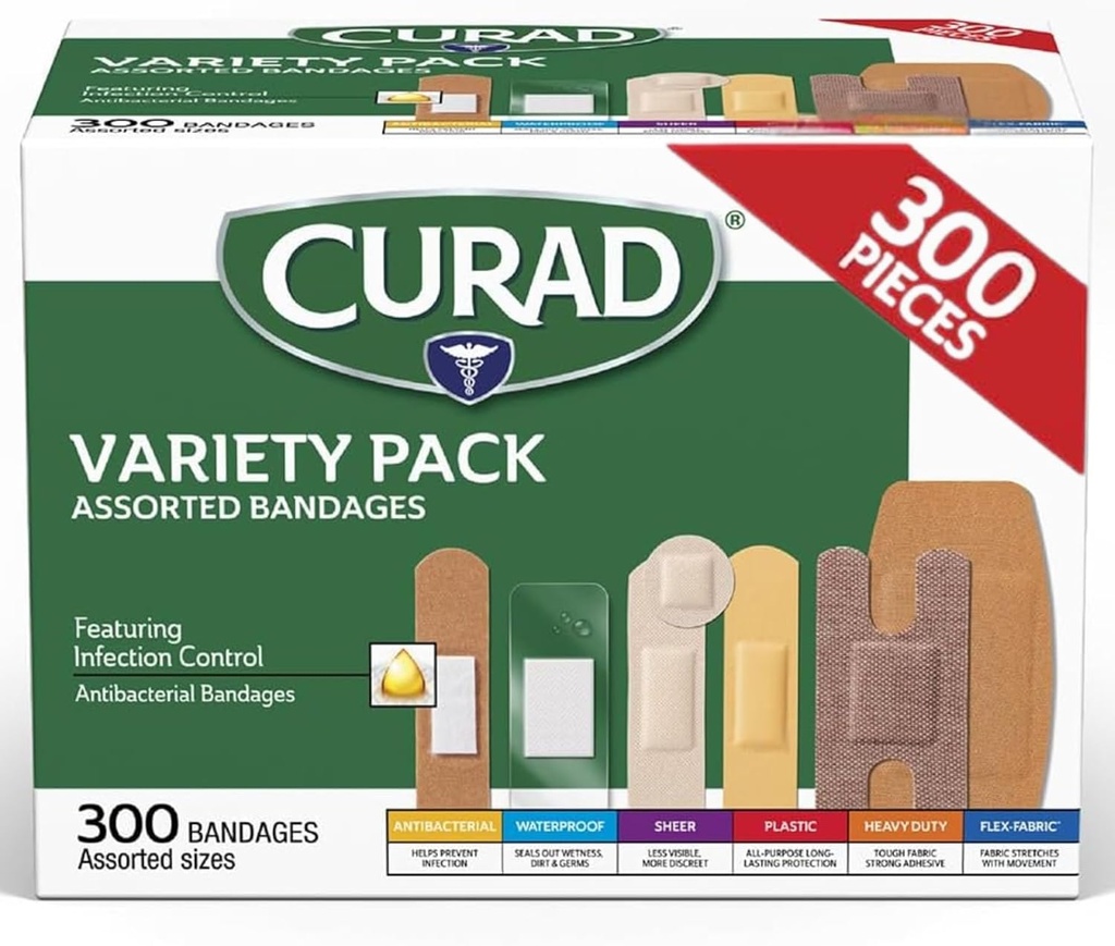 CURAD Raznovrstni Bandages Variety Pack, 300 Count, 6 Styles, vključno z antibakterijske, vodoodporne, strižni, plastična, težka dajatev in Flex-Fabric, ščiti Scrapes, cuts & Burns, Latex-free