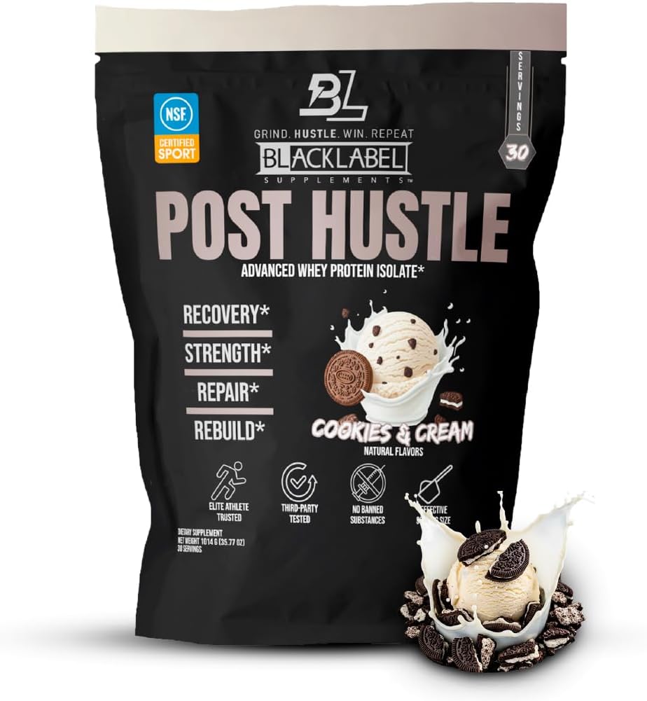 BLACKLABEL Dodatki Post Hustle Post Workout Protein Powder, 30 Servings – NSF Certified for Sport Whey Isolate Protein Powder with Digestive Enzymes – Piškotki in krema