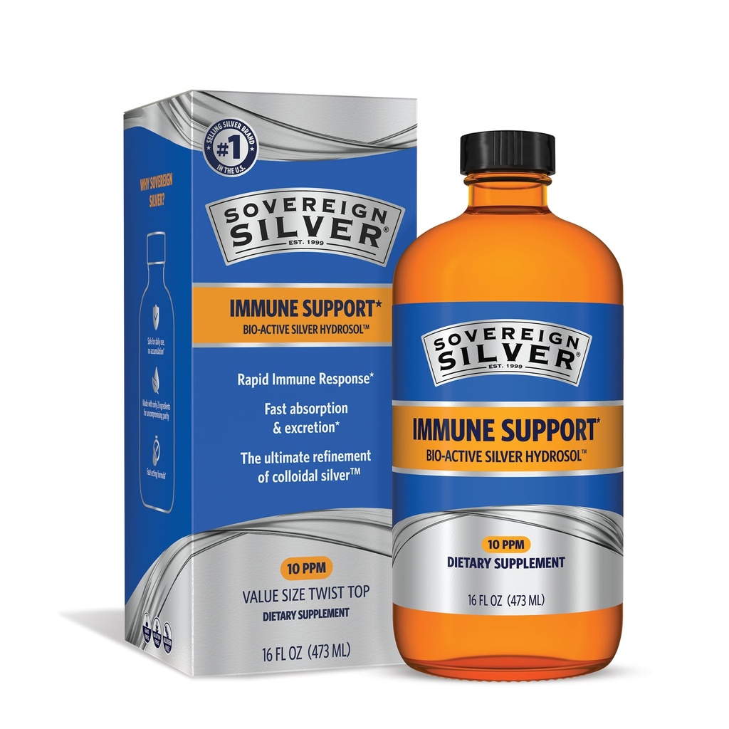 Suvereni Silver Bio-Active Silver Hydrosol za imuno podporo - koloidni srebro tekočine -10 ppm, 16oz (473mL) - vrednost velikost