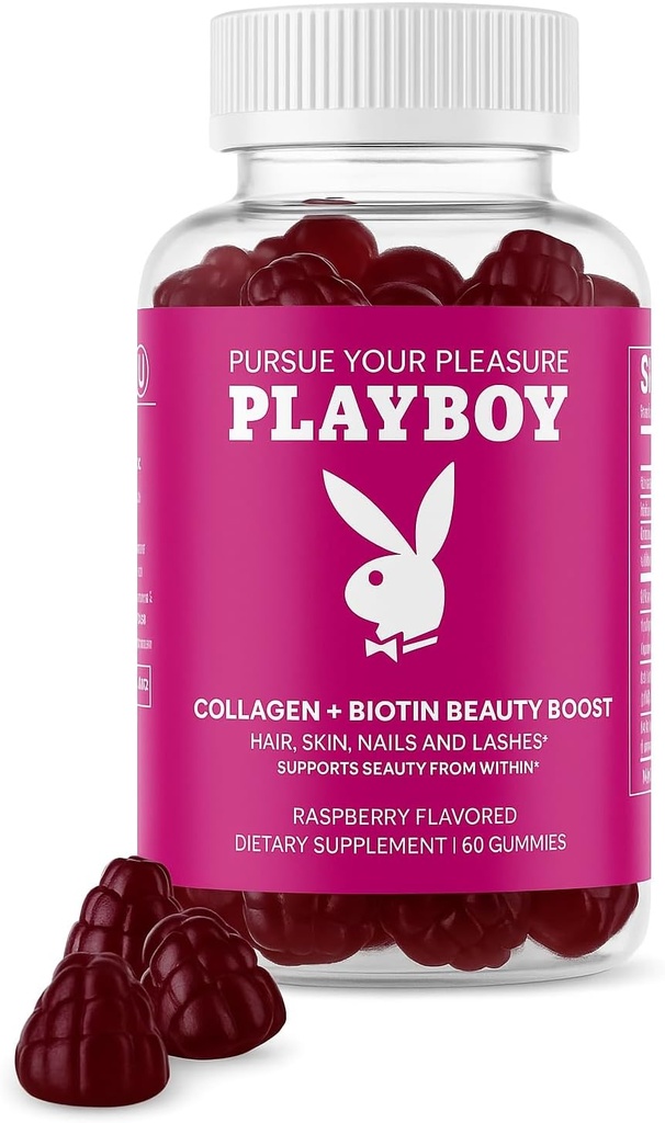 Playboy - Collagen + Biotin Beauty Boost Gummies za lase, kožo, nohte in las (60 Gummies) - Raspberry Okusen Biotin & Kolagen dodatek za ženske in moške - Non-GMO, Gluten Free, Nut Free Gummy