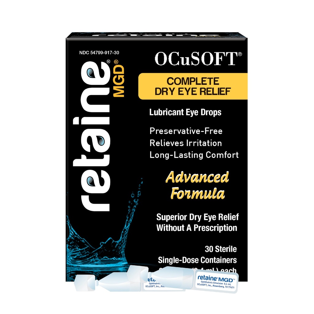 OCUSOFT Restaine MGD Oftalmična Emulzija - Popolna pomoč pri suhem očesu - Pomirja rdeče in razdražljive oči - 30 Kontejnerjev za enkratno uporabo brez štetja - 0,01 Fl Oz