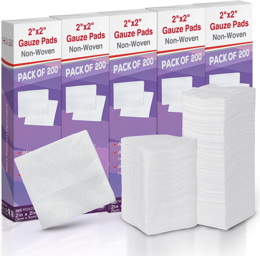 HEALQU 1000 Gaze Pads 2x2" - Soft Non-Woven 4-Ply za izvlečke zob in zobni postopki - Ne-Sterile Square Sponges za prvo pomoč, Kirurški, & Rane obleko (5 paketov po 200)