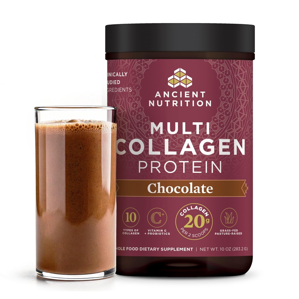 Ancient Nutrition Kolagen Peptides Powder, Multi Collagen Protein, Ženske in moški, Vitamin C, Probiotiki, Hidrolizirani Kolagen, Podpira kožo, Joints, Gut Health, Chocolate, 24 Servinges