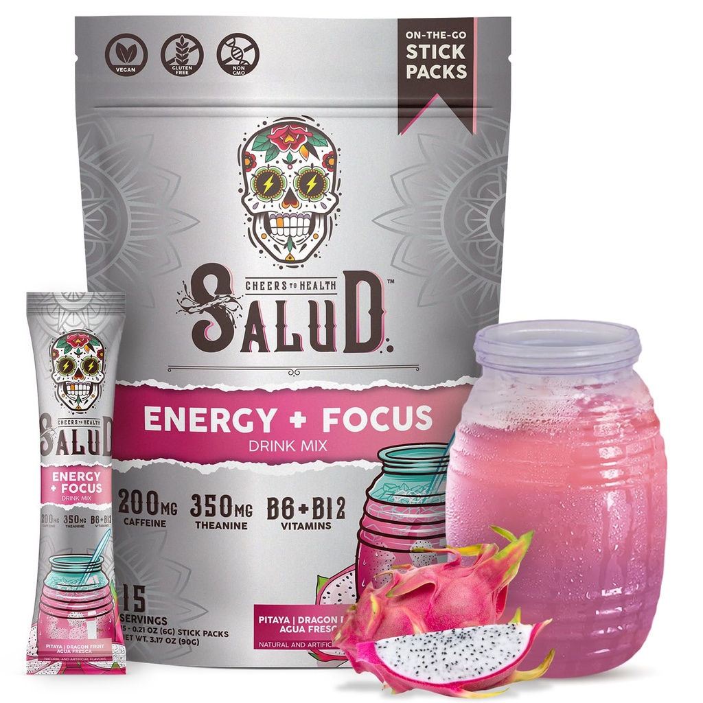 Nazdravimo 2-v-1 Energijski napitek v prahu + fokus, zmajevo sadje, organski kofein, B6 + B12, Theanin, Packe čistega energijskega napitka, Pitaya Agua Fresca Mix, Non-GMO, Gluten Free, Vegan, 1g sladkorja, (15 Strežnikov)