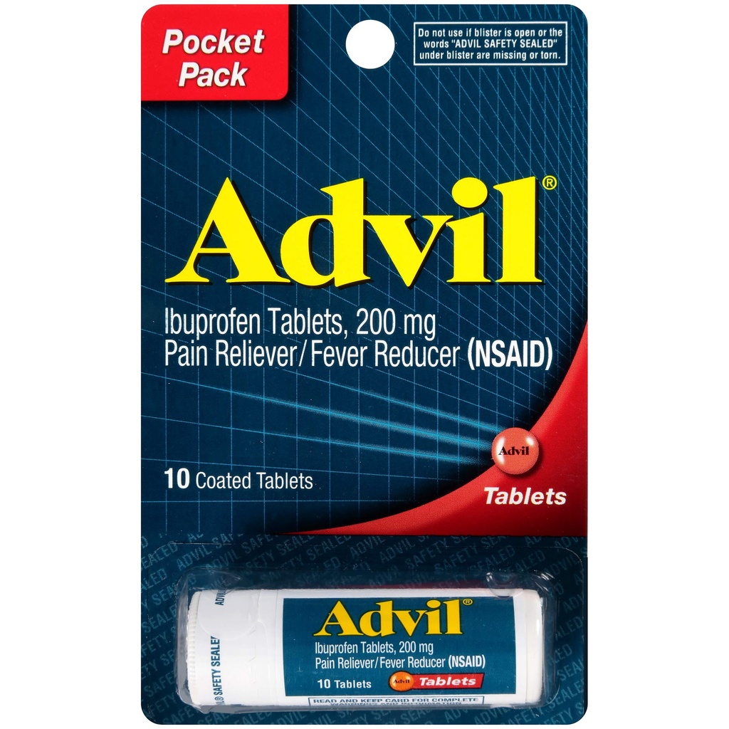Advil Obložene tablete Bolečina Reliever in Reduciralec zvišane telesne temperature, Ibuprofen 200 mg, 4 x 10 Štetje Viala, hitro lajšanje bolečine, Žepek paket