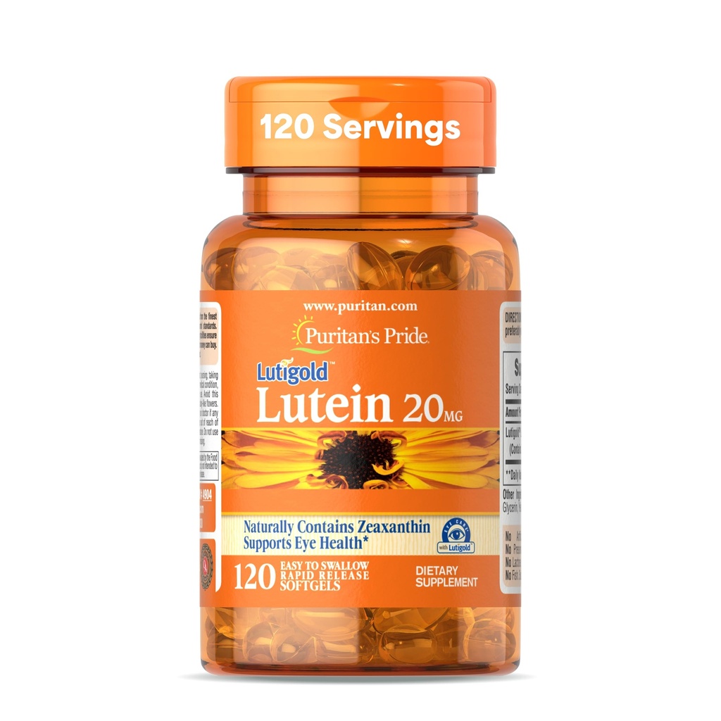 Puritan's Pride Premium LutigoldTM Lutein Carotenoid 20mg z Zeaksantin za moške in ženske, Prehranska dopolnila za zdravje oči, 8 Mesec dobave, 120 Easy-to-Swallow Softgels