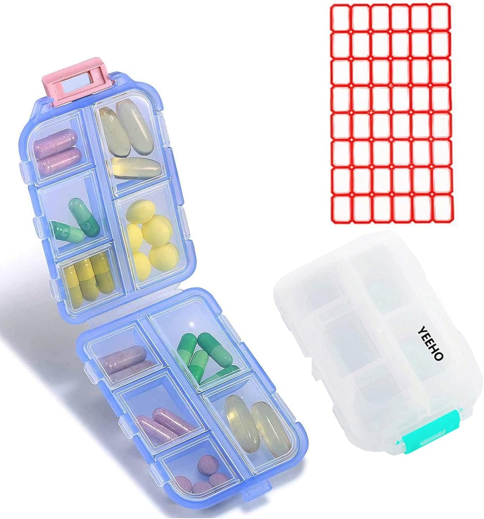 Zabojnik tablete (2 paket) - Prenosne majhne dodatke Tableta Container Box z 10 predelki - Medicine Vitamin Organizator Dispenser Imetnik Skladišče za potovalno žepno torbico (Blue+White)