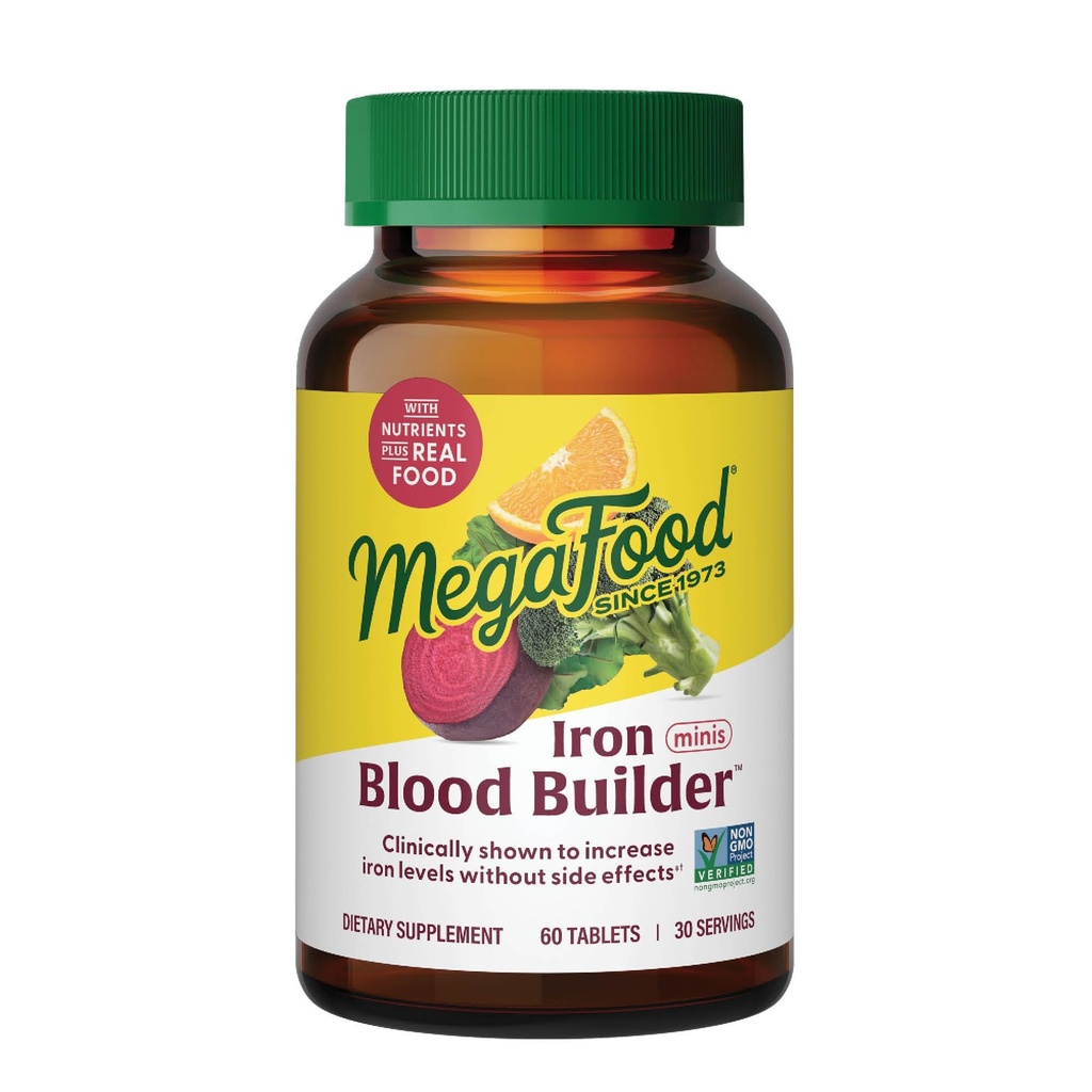 MegaFood Blood Builder Iron Supplement for Women & Men - povečanje ravni železa brez stranskih učinkov - Boj proti utrujenosti - Vitamin B12, Folna kislina & Vitamin C - Vegan - 60 Mini tablete (30 obrokov)