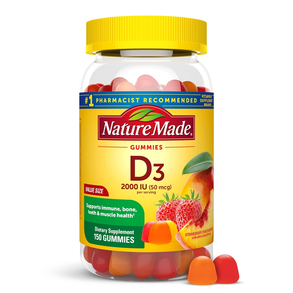 Vitamin D3 2000 i.e. na serviranje žvečilnih gumijev, kosti, zob, mišic in imunskega zdravja, 75 dnevna oskrba, 150 vitamina D Gumijev za odrasle
