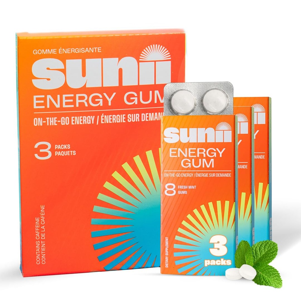 SUNII ENERGY GUM - Novi hitro povečanje energije in fokus - 50mg Caffeine Gum -Vitamini B6 & B12, Taurin, Vegan, Brez sladkorja, Zero Calorie, Svež okus mete - hitreje kot žveči, pijače, Gel in tablete (24kos)