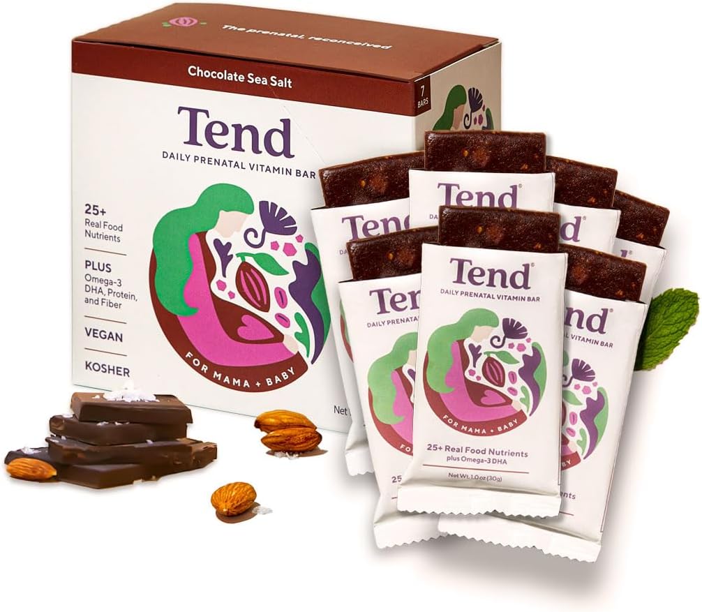 Tend Daily Best Prenatal Vitamin Bar, Izdelano z organskimi sestavinami za nosečnice in matere po porodu, Vključuje DHA, Vitamin D, B, Choline, Folat - Čokoladno morsko sol (7ct)