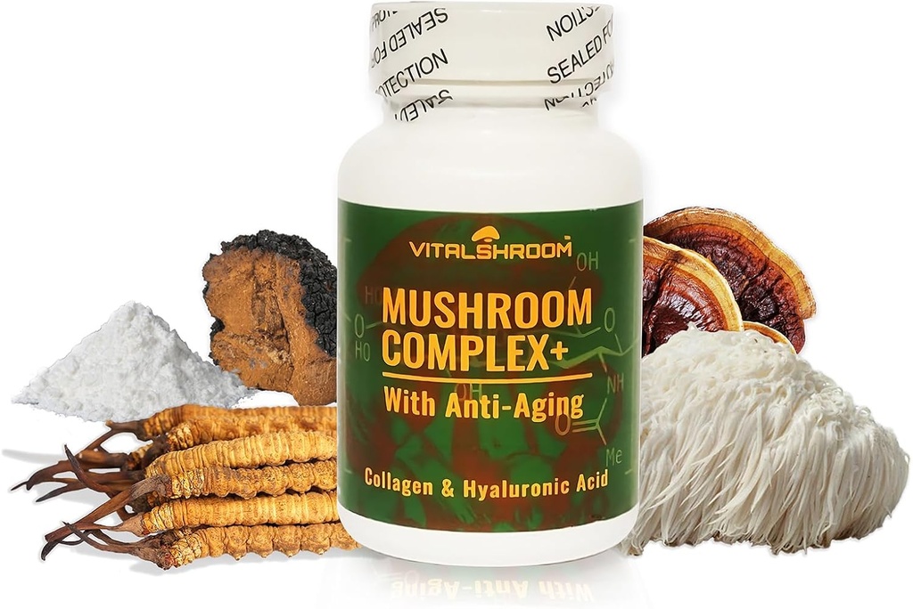Kompleks gob z anti-Aging. Naravne gobe-na osnovi anti-Aging dopolnila s Chaga, levja griva, Cordyceps, Reishi, Collagen, Hyaluronska kislina, vitamini B1, B2, B6, C, D.