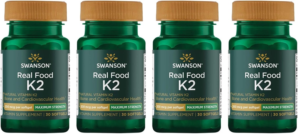 Swanson največja moč vitamin K2 (Menakinon-7)-Vitamin dodatek podporo kardiovaskularno in zdravje kosti-Made iz japonskega Natto za pomoč pri urejanju kalcij (30 Softgels, 200mcg vsak) (4 pakiranje)