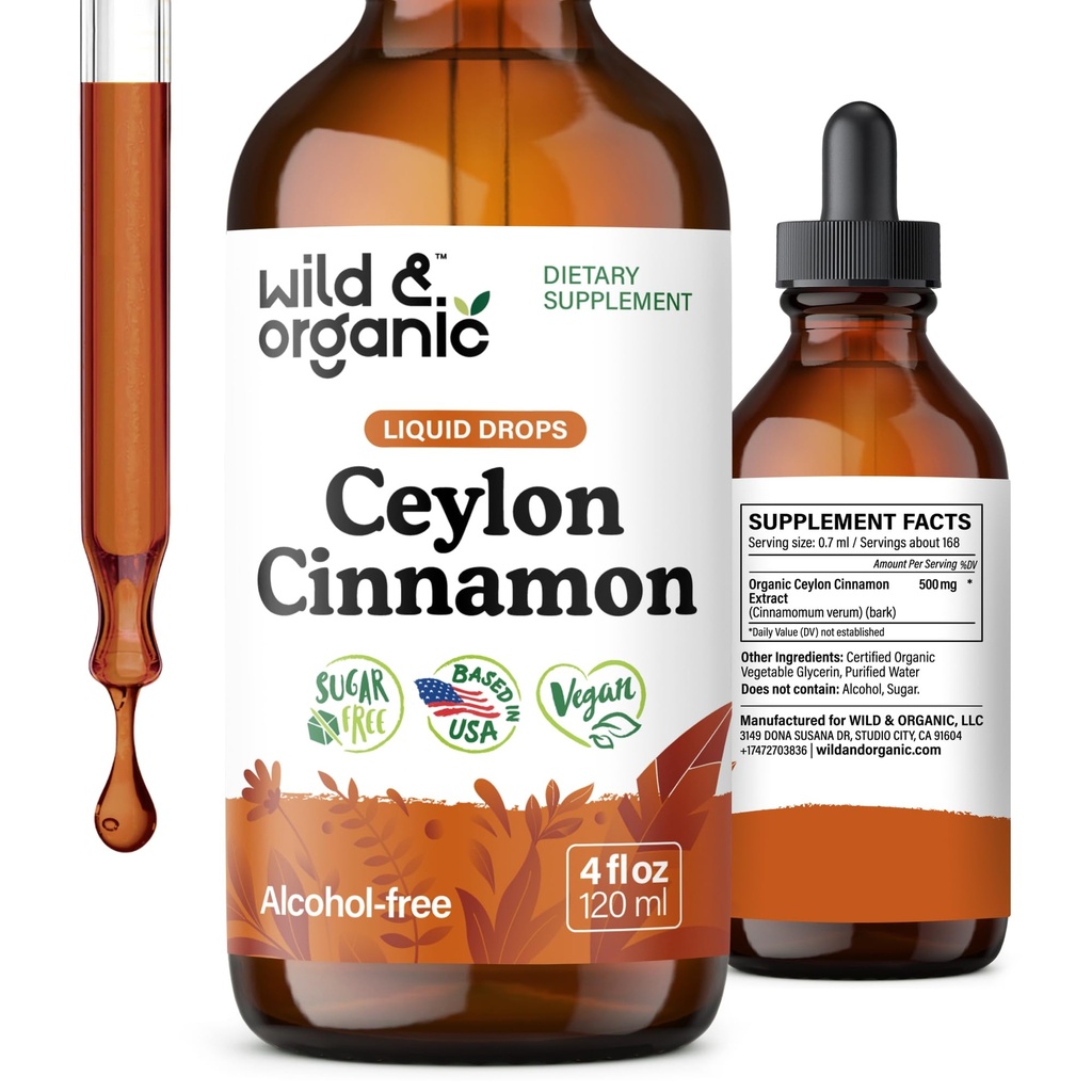 Wild & Organic Ceylon Cimet Tincture 500 mg - Tekoči cimet dodatki za splošno podporo - Cinamomum Verum Bark Extract - Vegan, sladkor in alkohol brez, ne- GMO - 4 fl oz