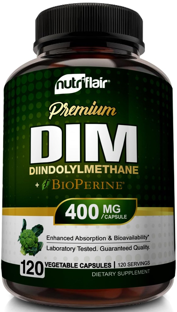 NutriFlair DIM Supplement 400mg z Bioperinom, 120 Kapsule - Diindolylmetan - Estrogen Presnova Podpora & Hormonsko ravnovesje, Menopaza, PCOS, Akne in nego kože za moške in ženske - Primerjaj s 300mg