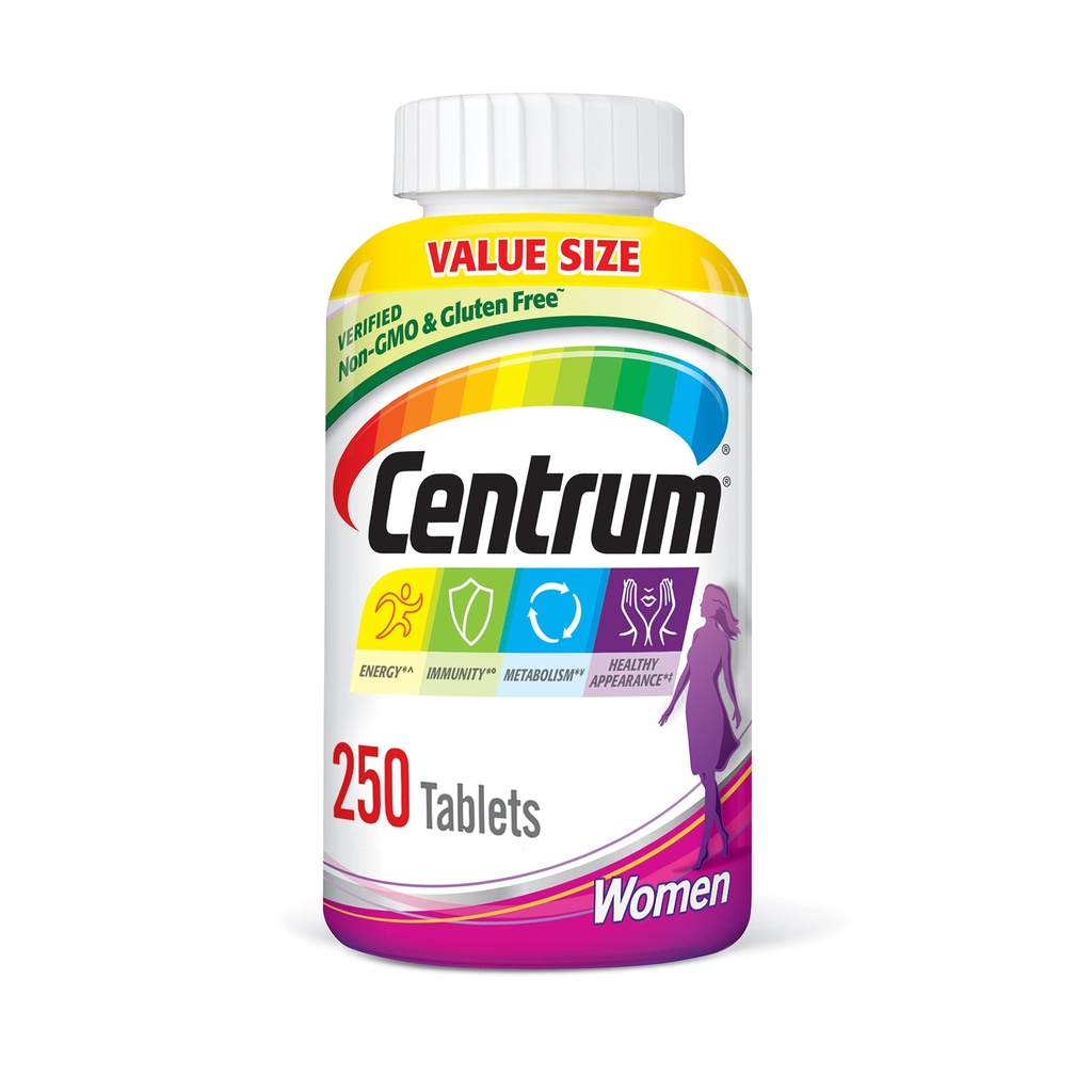 Centrum multivitamin za ženske, Multivitamin/Multimineral dodatek z železom, vitamin D3, B Vitamini in antioksidanti Vitamini C in E, Tableta, Gluten brez, Ne-GMO sestavine - 250 Število