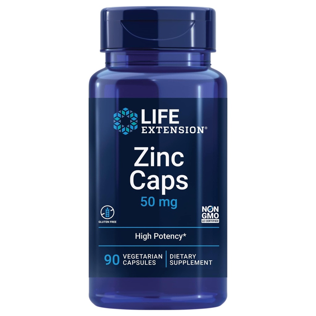 Življenjska razširitev Cinkove kapice, cink 50 mg, cinkov citrat, podpora Imunska obramba telesa, ultra-absorbljiva, vegetarijanska, ne-GMO, Gluten-free, 90 vegetarijanske kapsule