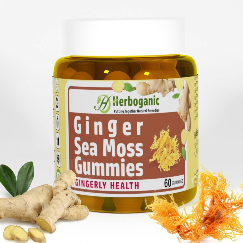 HERBOGANIC Ginger Sea Moss Gumies - Zeliščna podpora za imuno-prebavno zdravje - rastlinsko-powered, Gluten-free & Vegan-prijateljski - 60 Count