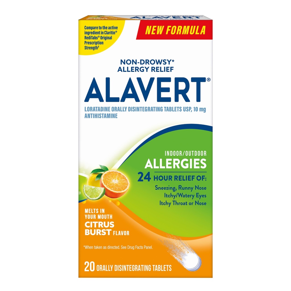 Alavertska alergija 24 urna relief, Citrus Burst Flavor, oralno dezintegrirane tablete za alergije, antihistaminik, loratadin 10 mg, 18 število