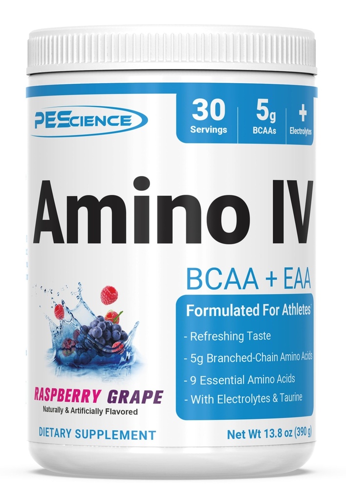 PEScience Amino IV BCAA & EAA Powder, Essential Amino Acids, Taurin, Elektroliti za hidracijo in okrevanje mišic, Sladkor brez sladkorja za moške in ženske, Post Workout - Raspberry Grape - 30 Servings