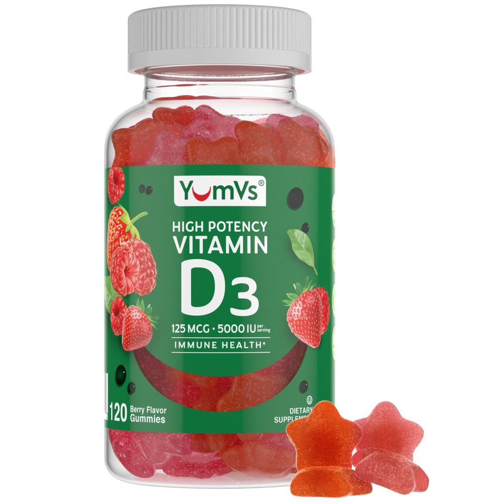 Vitamin D3 Gummies 5000 i.e. 125mcg D3 Gummies - podpora Imunska podpora, močno zdravje kosti - Ne-GMO, Gluten-free, Dairy-free, Vitamin D Gummy(120 Count)