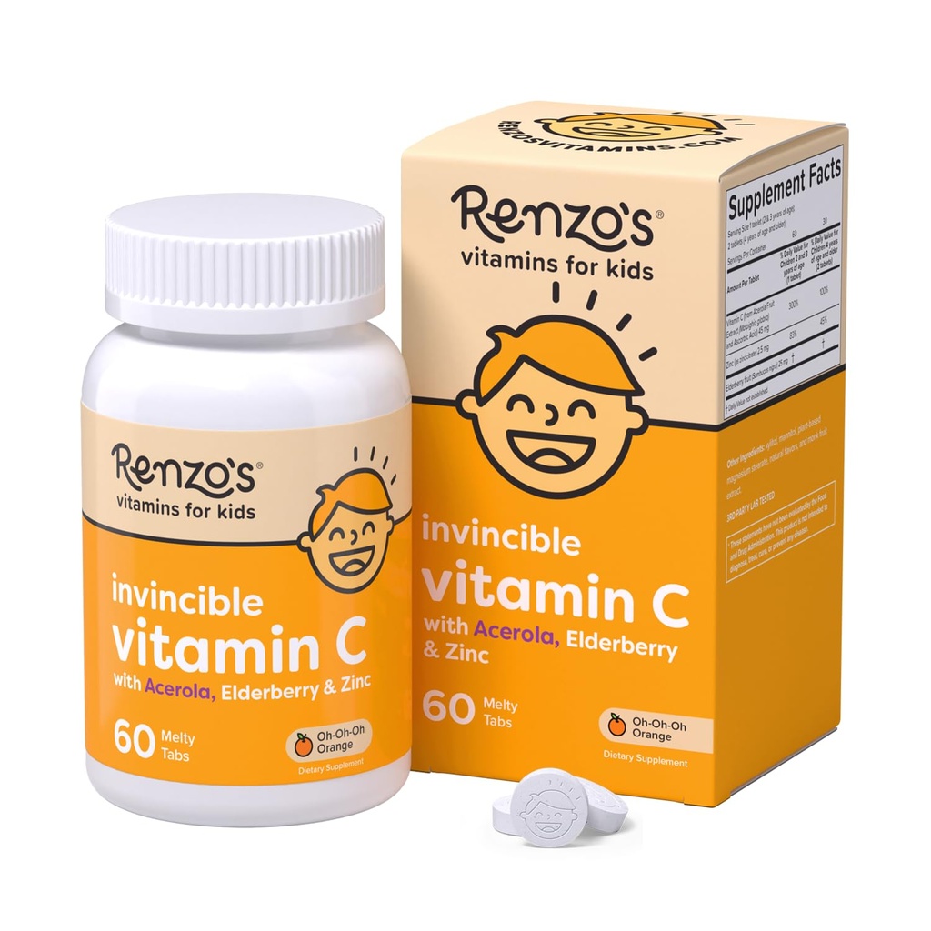 Renzov nepremagljivi vitamin C za otroke z borovnico in cinkom, nerazložljivi otroški vitamini za imuno podporo, 60 oranžno-oranžno-oranžno tab