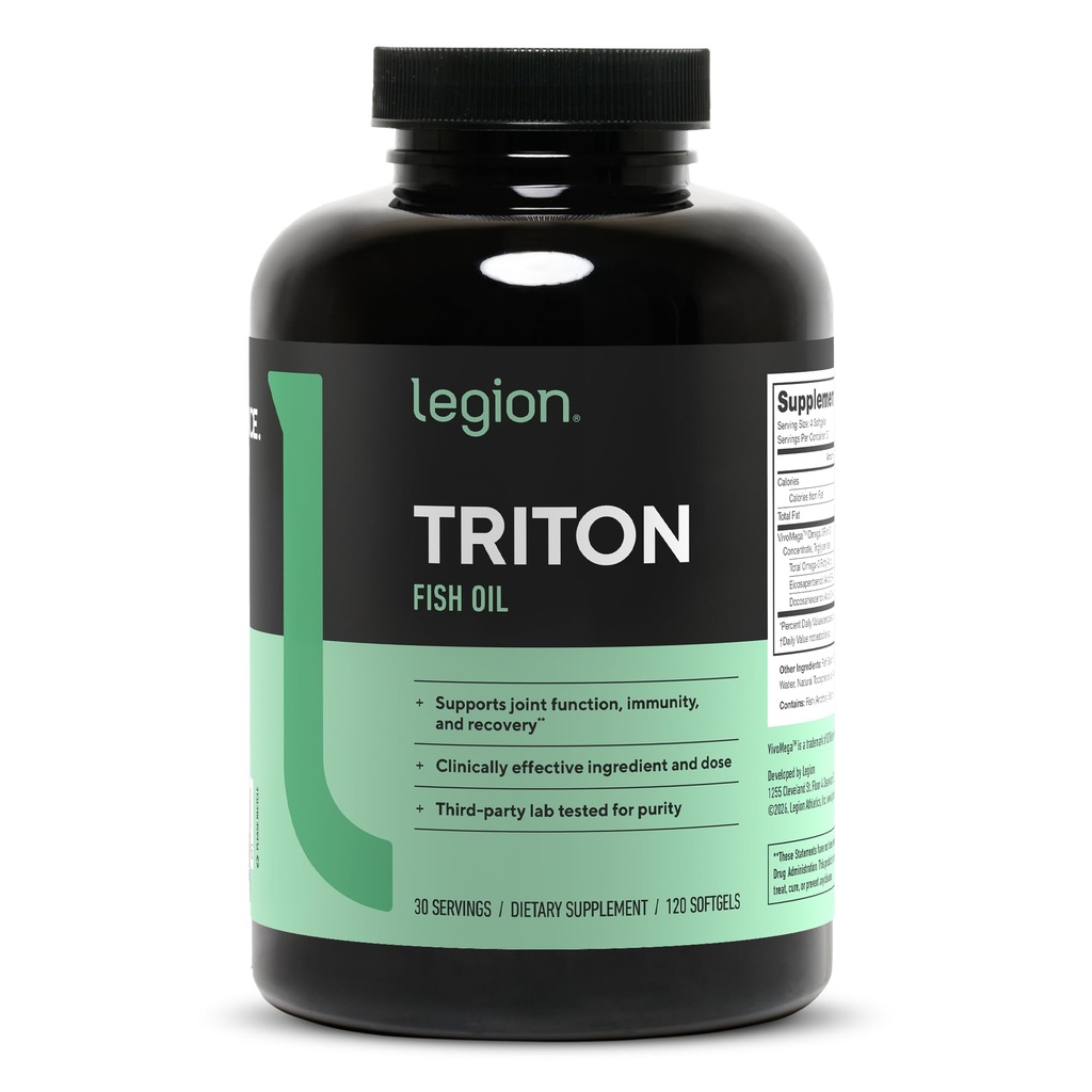 Kapsule Triton ribjega olja LEGION - Trojna moč Omega 3 Esencialne maščobne kisline z vitaminom E in limoninim oljem za maksimalno absorpcijo, svežino in čistost - 2400mg EPA & DHA na postrežbo, 30 Svgs